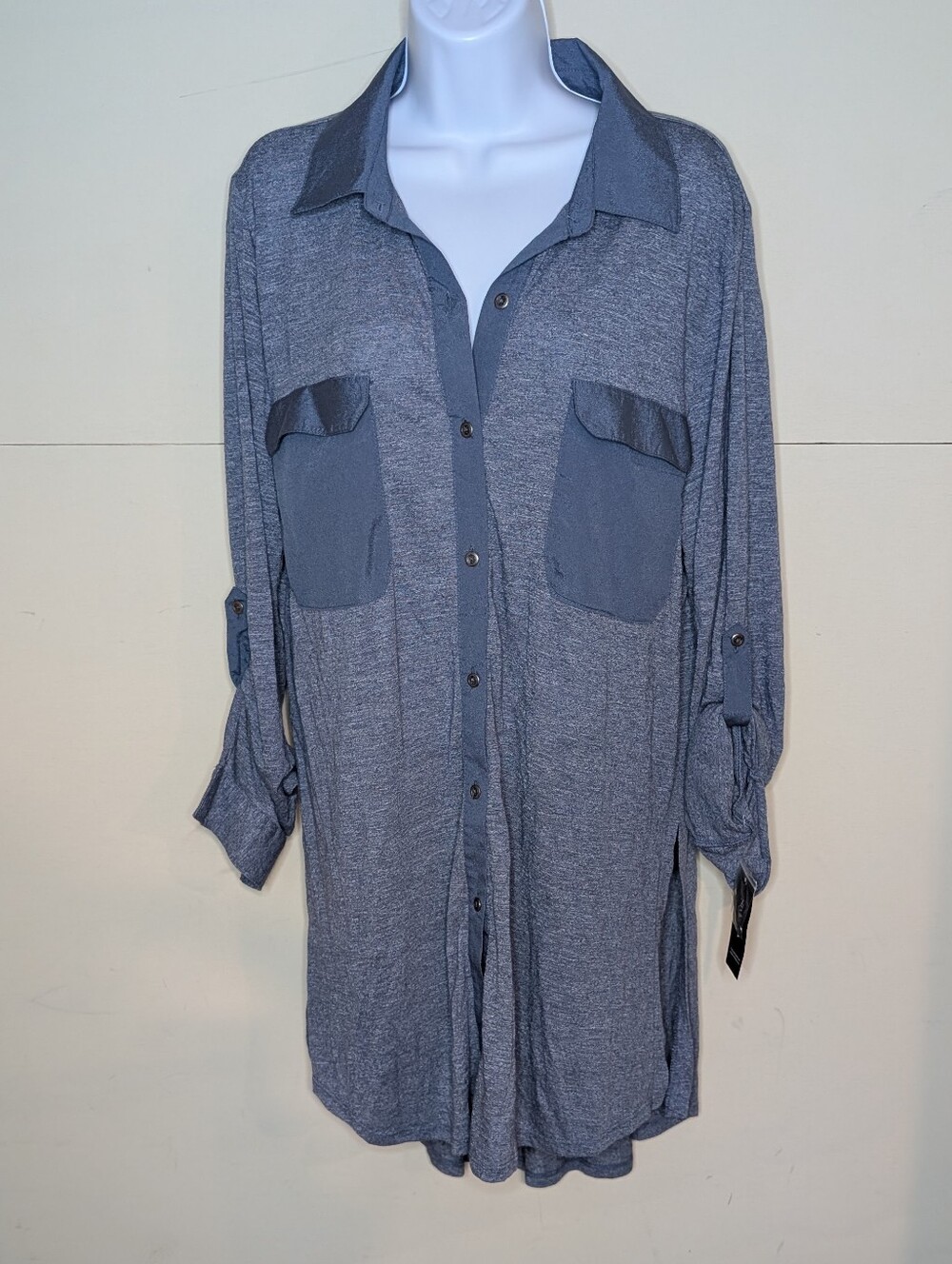 NWT Style&Co Button Down Long Sleeve Shirt Long Fit (Tunic) Blue Gray